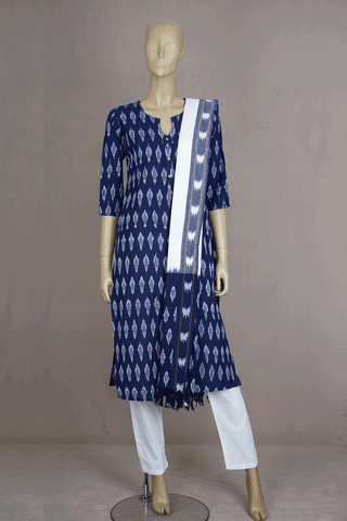 Split Neck Ikat Design Oxford Blue Cotton Salwar Set