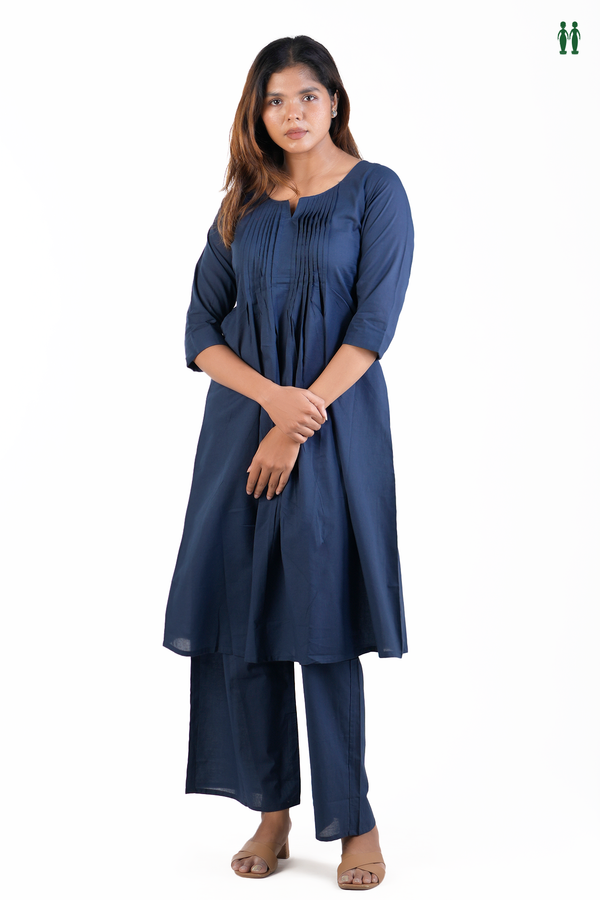 Split Neck Plain Navy Blue Cotton Salwar Set