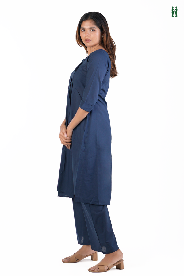 Split Neck Plain Navy Blue Cotton Salwar Set