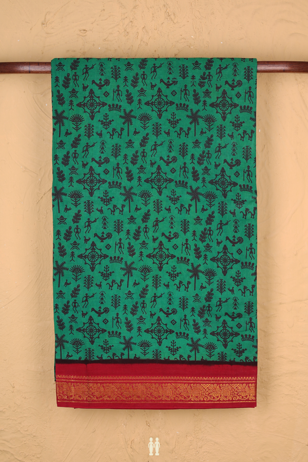 Sungudi Cotton Saree In Green With Printed Design