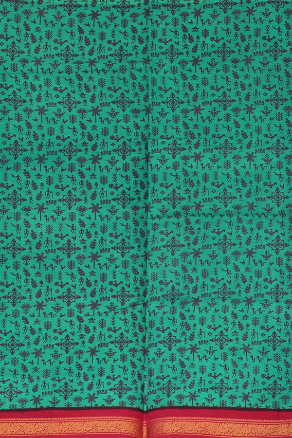 Sungudi Cotton Saree In Green With Printed Design