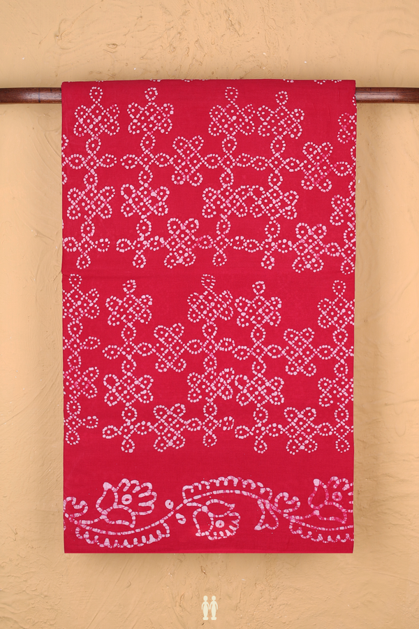 Sungudi Cotton Saree In Red With Kolam Printed Design
