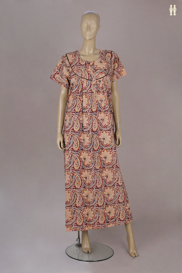 Sweet Heart Neck Printed Design With Zip Red Cotton Nightie