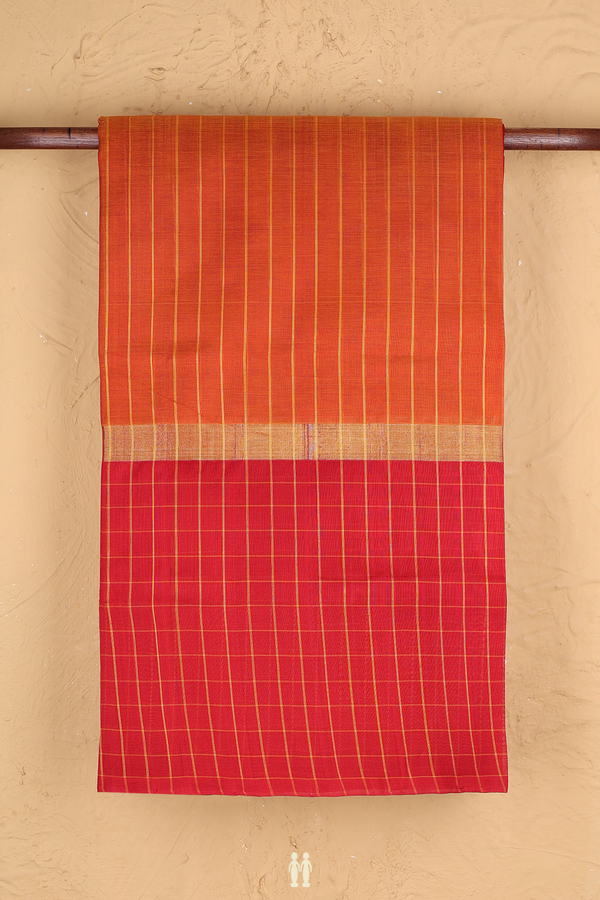 Traditional Silk Cotton Saree In Orange With Stripes Design