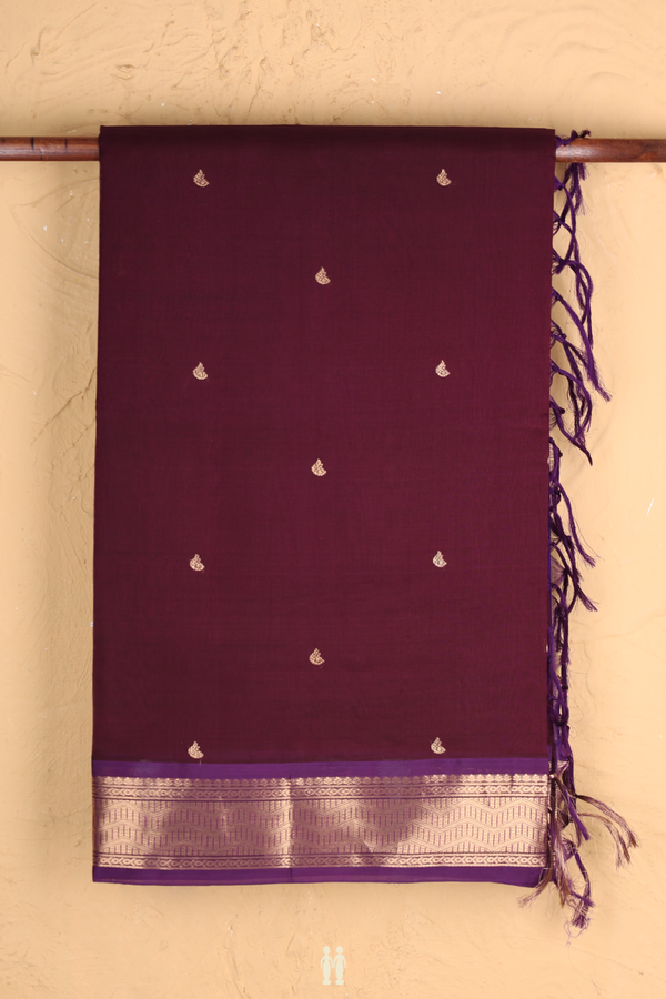 Traditional Silk Cotton Saree In Plum Brown With Zari Buttas