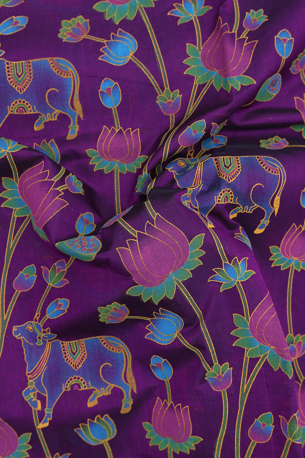 Traditional Silk Cotton Saree In Purple With Printed Design