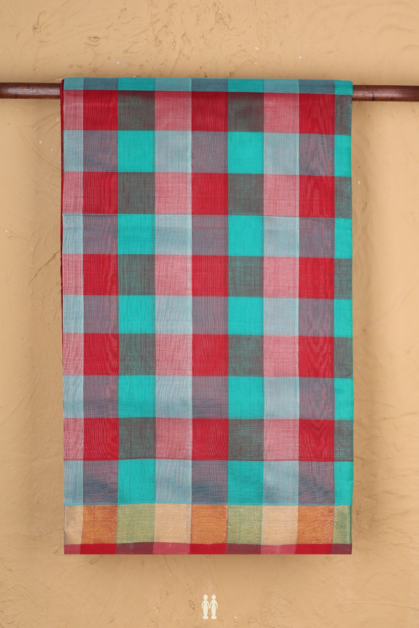 Traditional Silk Cotton Saree Red And Green With Checks Design