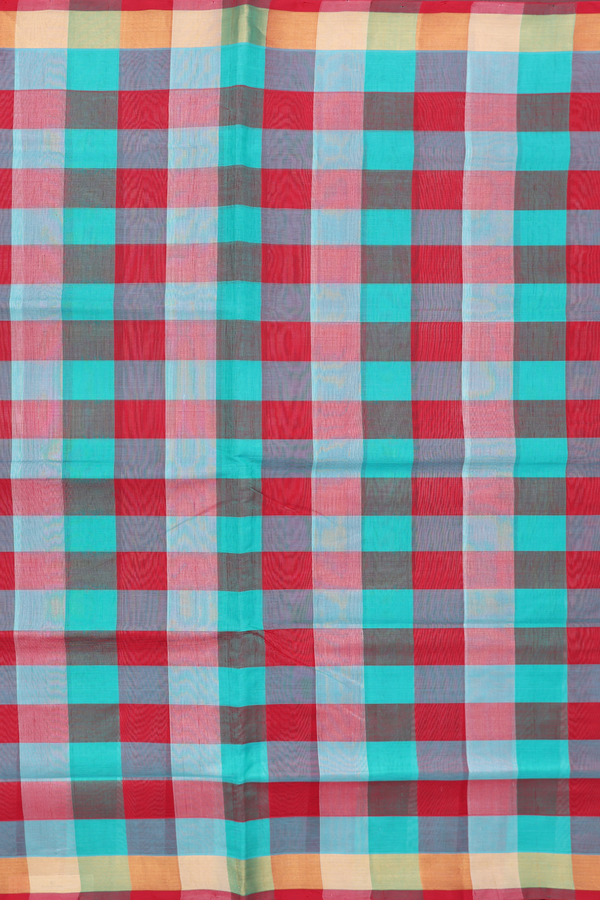 Traditional Silk Cotton Saree Red And Green With Checks Design