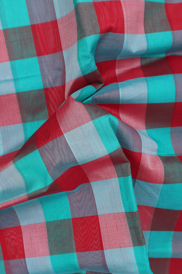 Traditional Silk Cotton Saree Red And Green With Checks Design