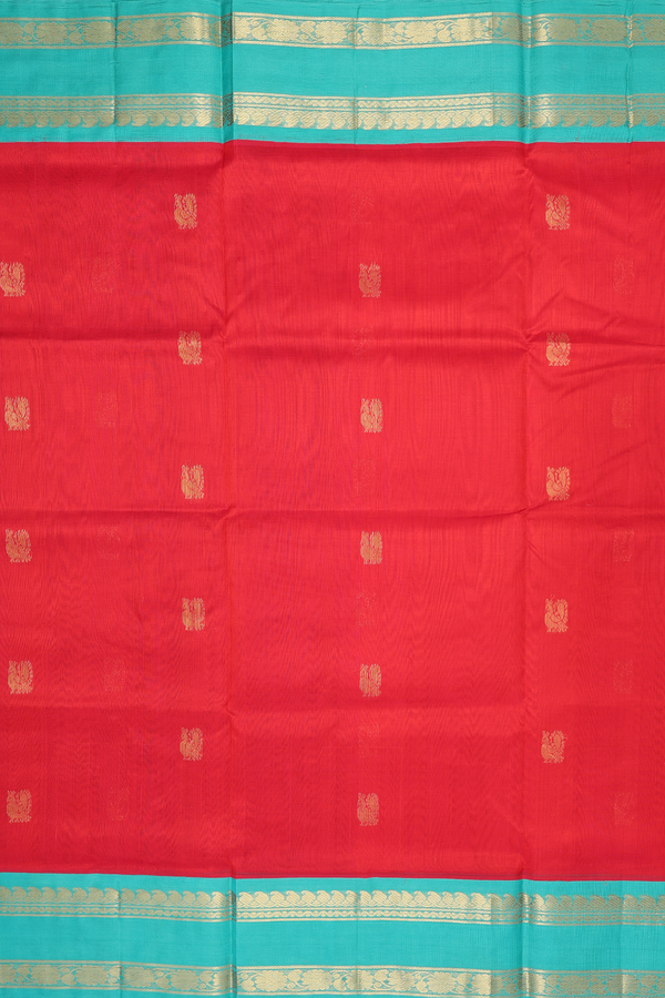 Traditional Silk Cotton Saree Scarlet Red With Peacock Buttas