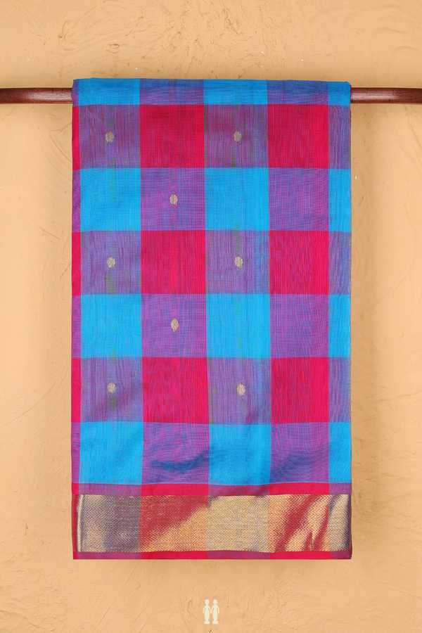Traditional Silk Cotton Saree In Pink And Blue With Checks Design