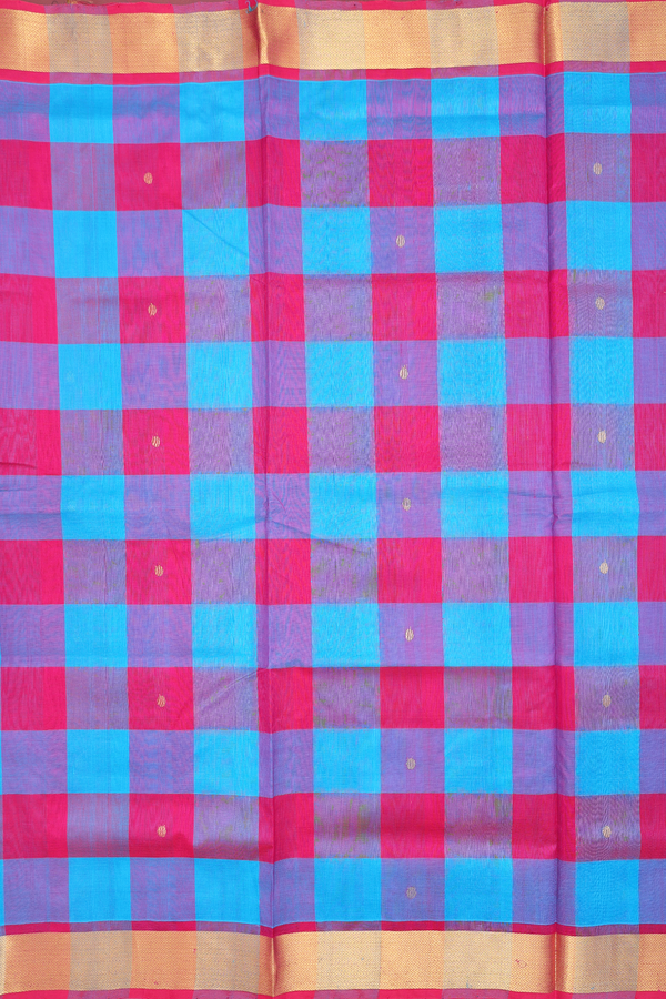 Traditional Silk Cotton Saree In Pink And Blue With Checks Design