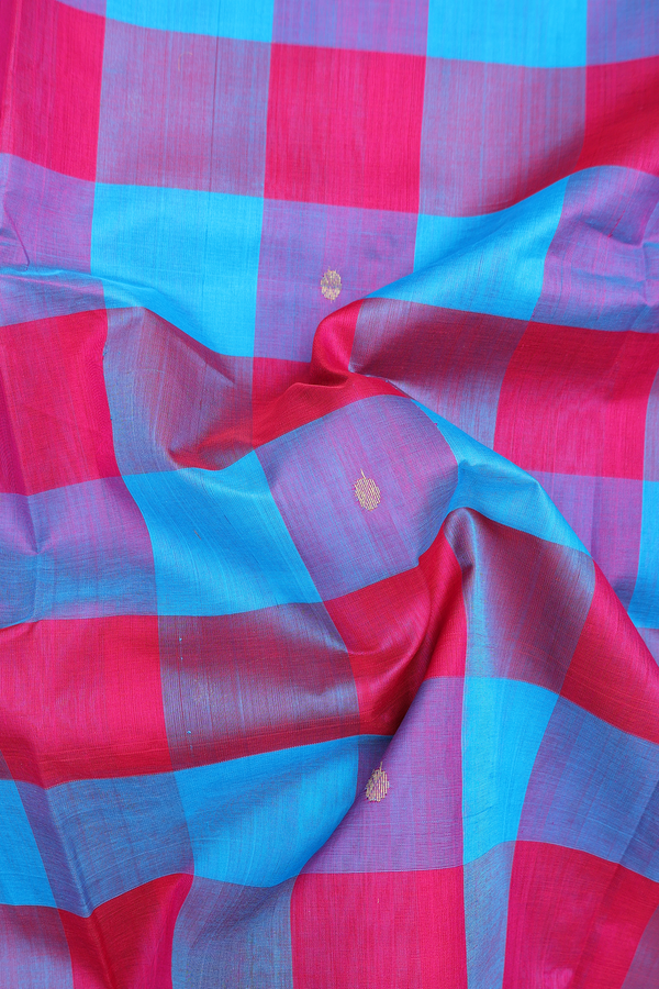 Traditional Silk Cotton Saree In Pink And Blue With Checks Design