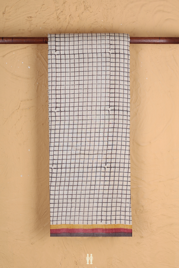 Tussar Silk Saree In Beige With Checks Design