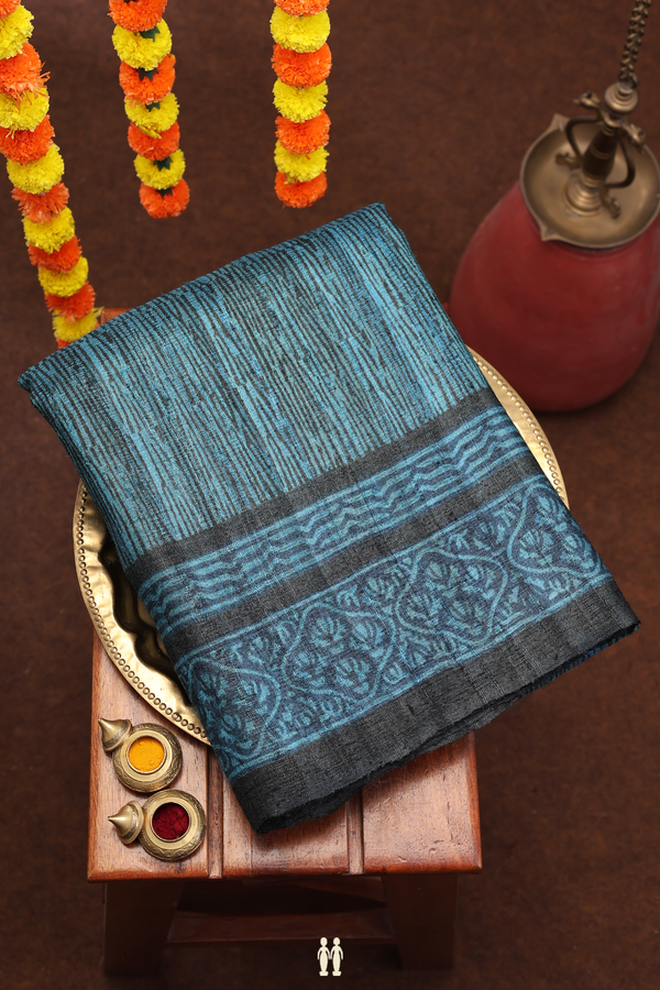 Tussar Silk Saree In Black And Blue With Allover Design