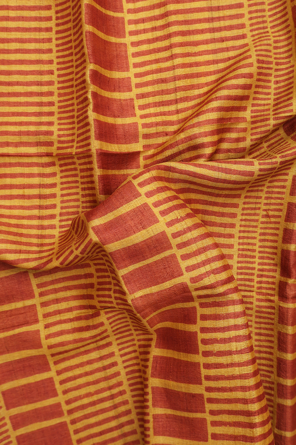 Tussar Silk Saree In Brown And Yellow With Printed Design