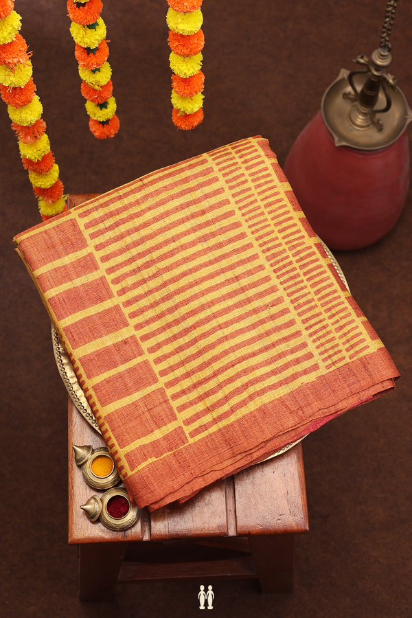 Tussar Silk Saree In Brown And Yellow With Printed Design