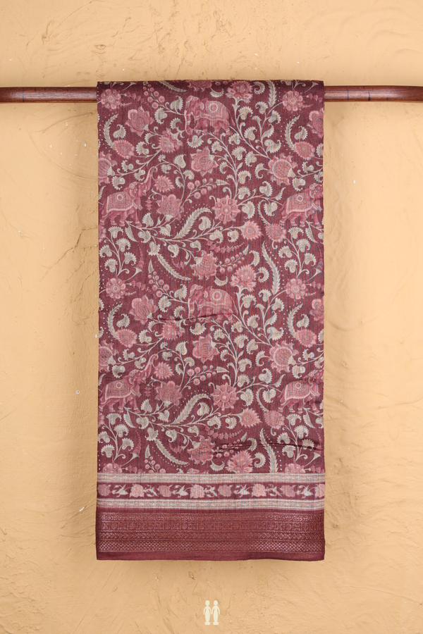 Tussar Silk Saree In Brown With Floral Printed Design