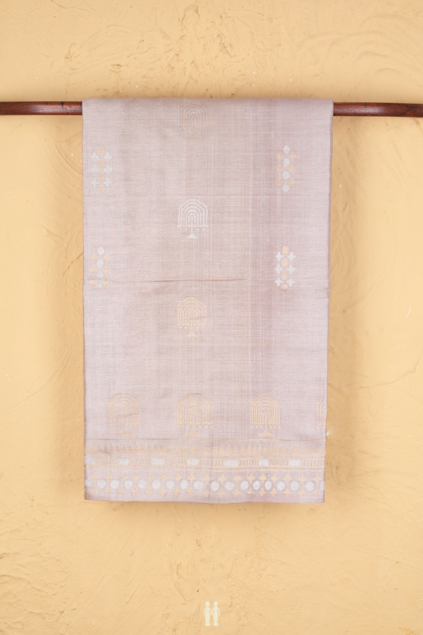 Tussar Silk Saree In Brownish Grey With Zari Buttas