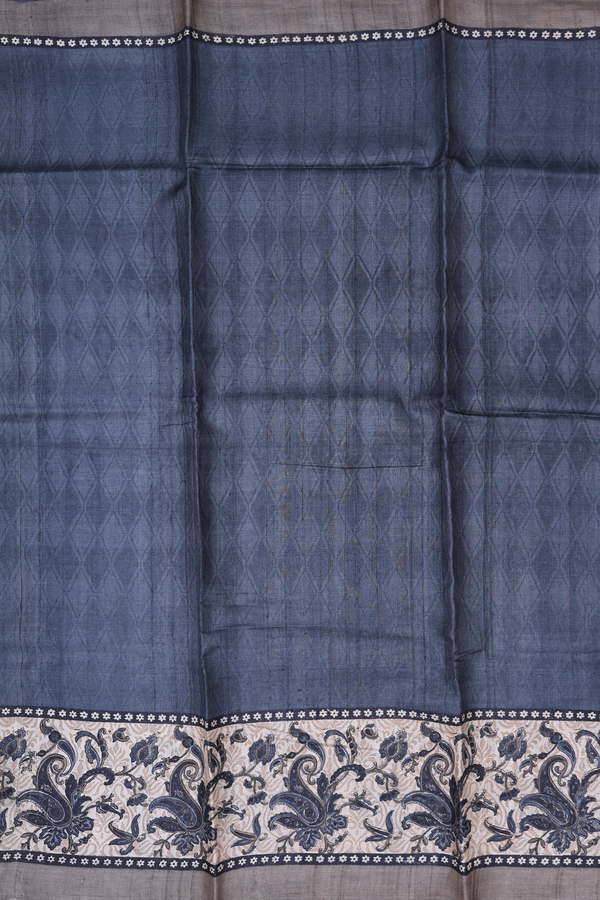 Tussar Silk Saree In Charcoal Grey With Diamond Design
