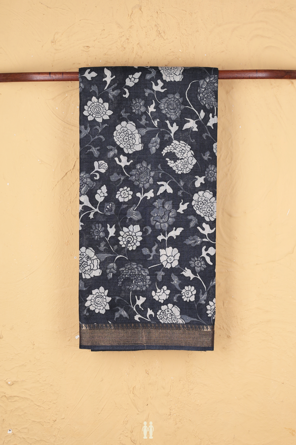 Tussar Silk Saree In Charcoal Grey With Floral Design