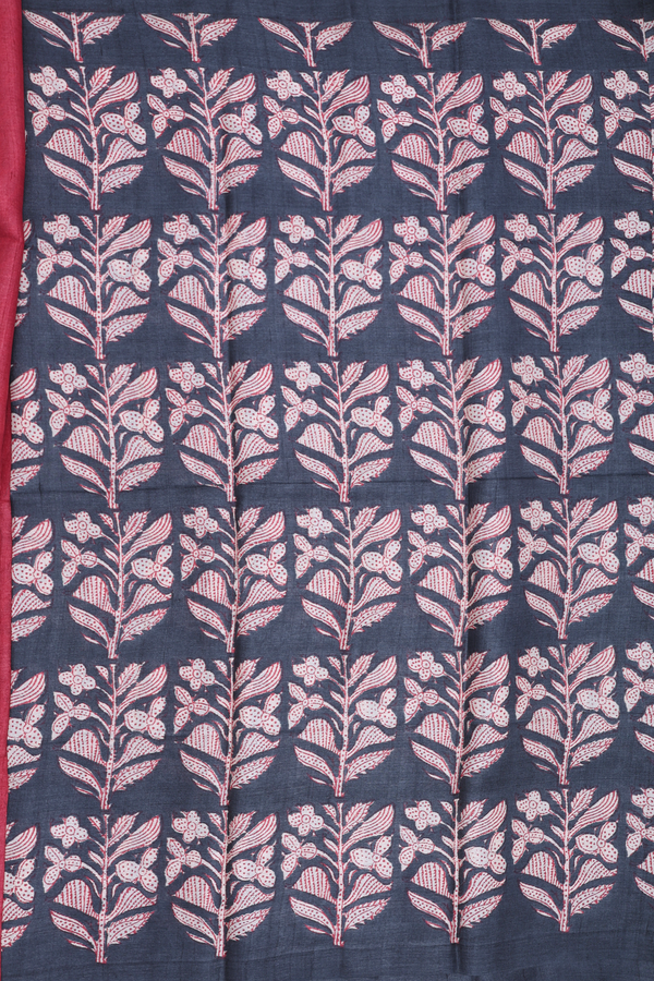 Tussar Silk Saree In Charcoal Grey With Floral Design