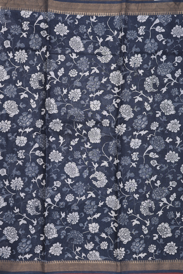 Tussar Silk Saree In Charcoal Grey With Floral Design