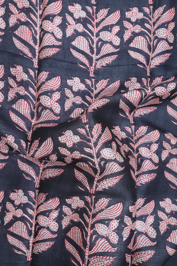 Tussar Silk Saree In Charcoal Grey With Floral Design
