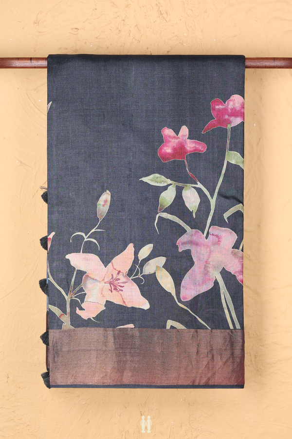 Tussar Silk Saree In Charcoal Grey With Floral Printed Design
