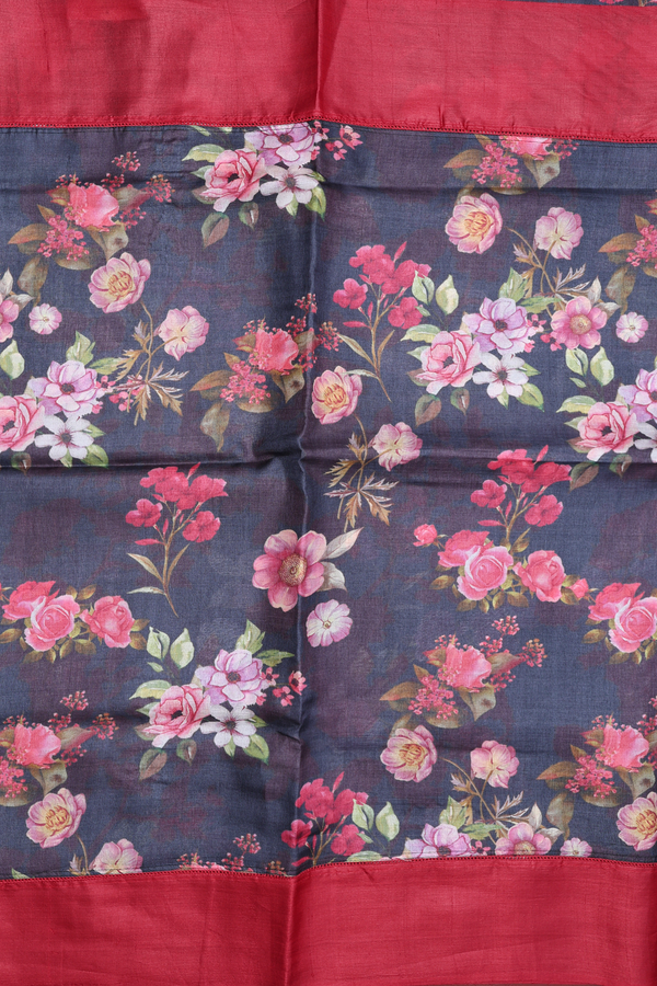 Tussar Silk Saree In Charcoal Grey With Floral Printed Design