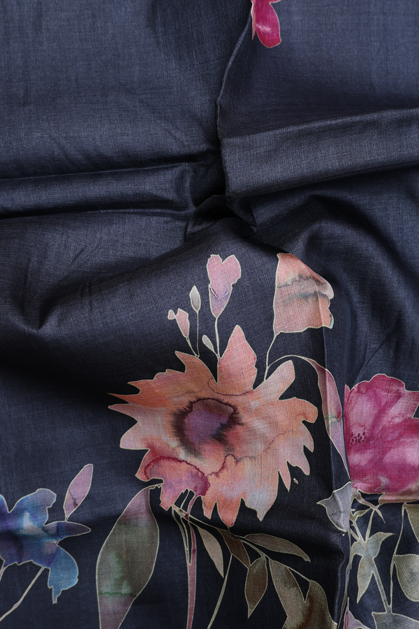 Tussar Silk Saree In Charcoal Grey With Floral Printed Design