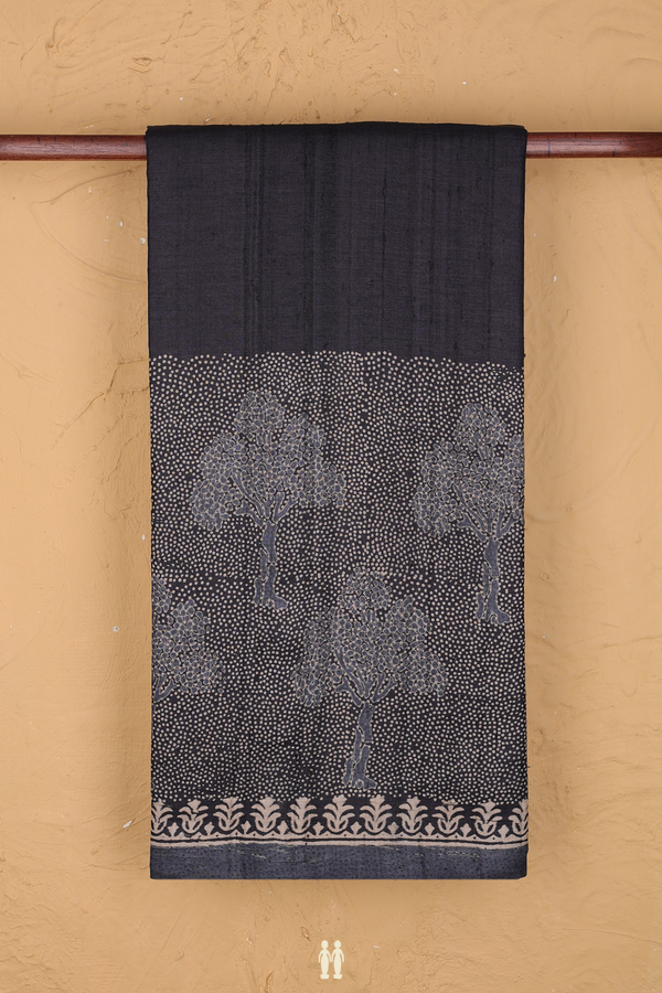 Tussar Silk Saree In Charcoal Grey With Printed Design