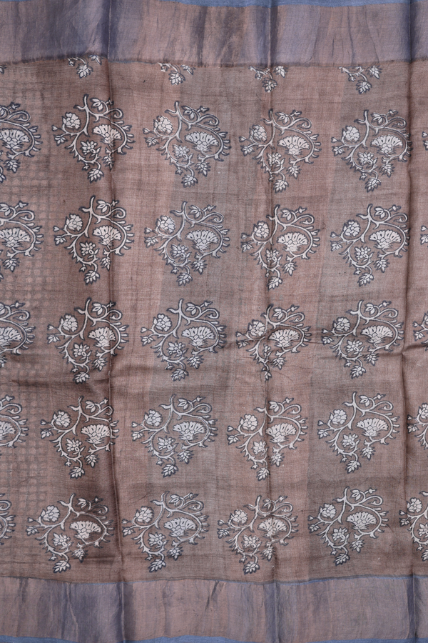Tussar Silk Saree In Charcoal Grey With Printed Design