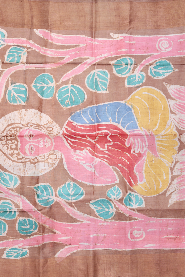 Tussar Silk Saree In Cocoa Brown With Printed Design