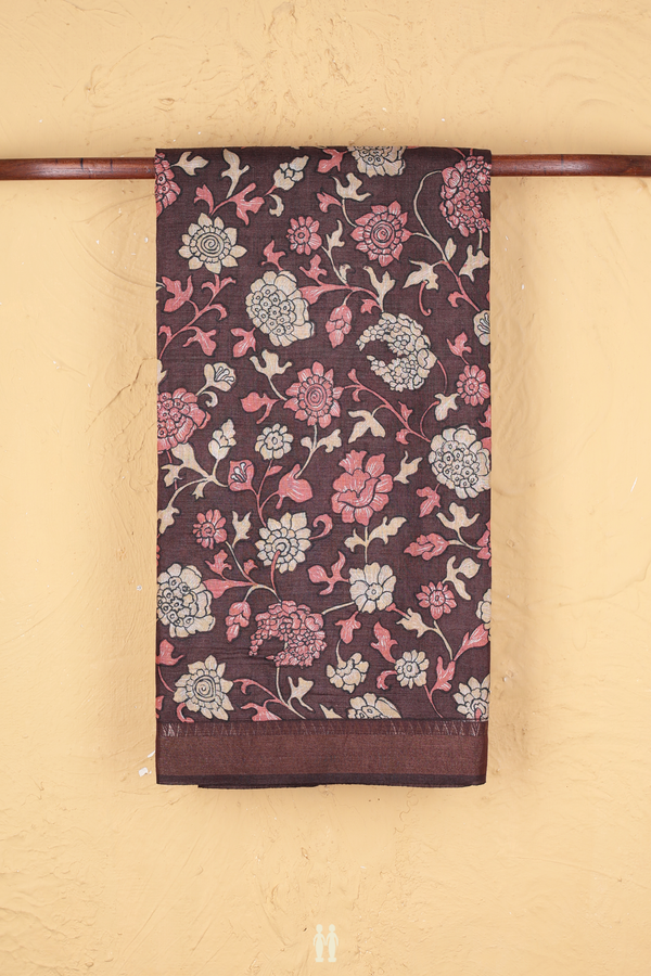 Tussar Silk Saree In Dark Oak Brown With Floral Design