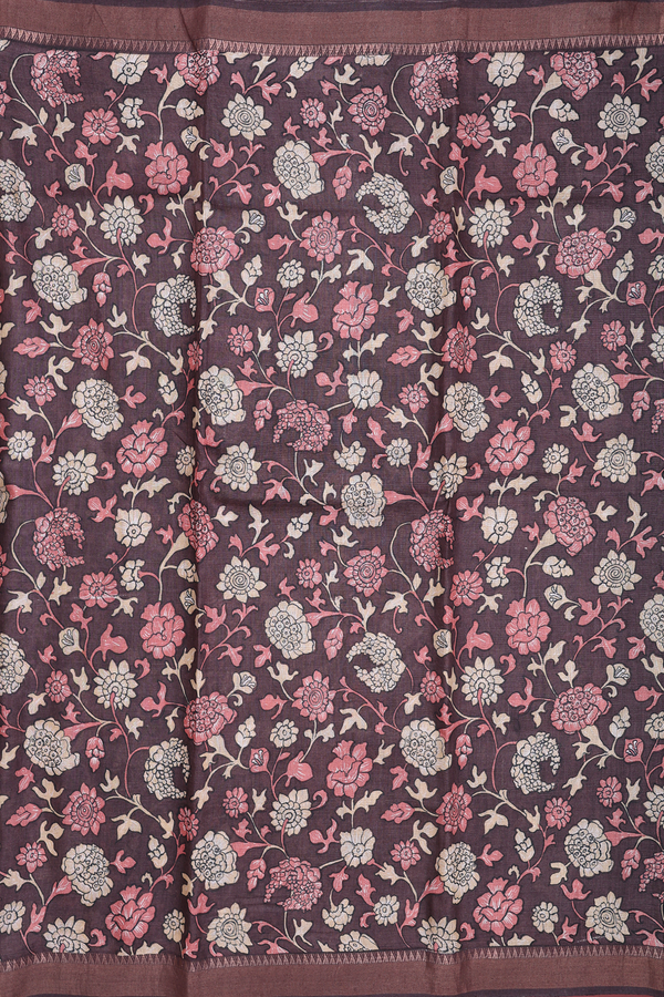 Tussar Silk Saree In Dark Oak Brown With Floral Design