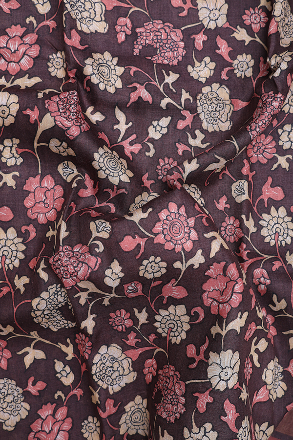 Tussar Silk Saree In Dark Oak Brown With Floral Design