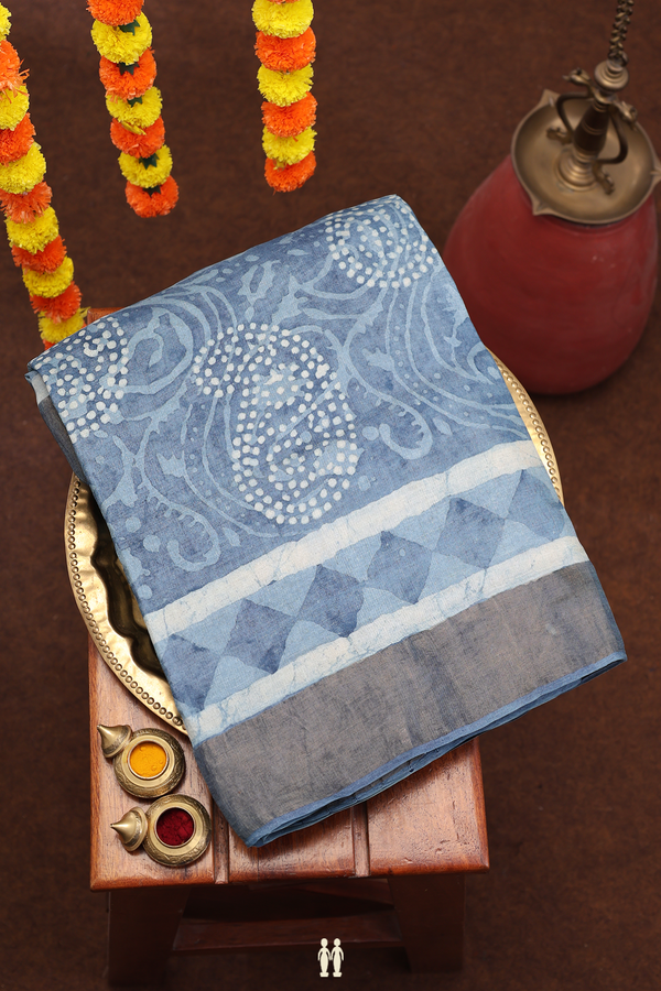 Tussar Silk Saree In Dusty Blue With Paisley Design