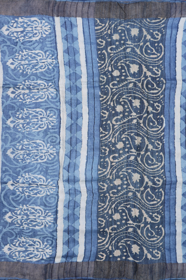 Tussar Silk Saree In Dusty Blue With Paisley Design