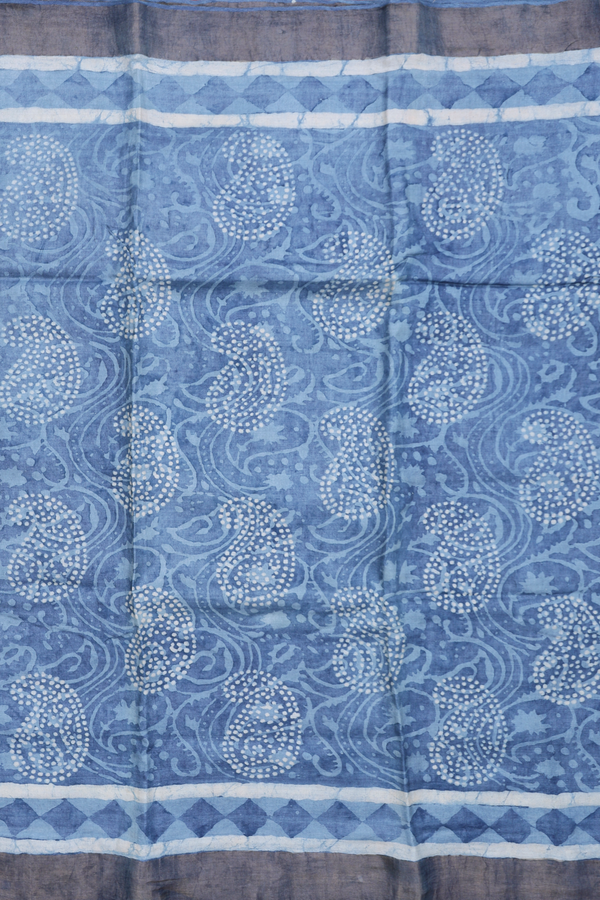 Tussar Silk Saree In Dusty Blue With Paisley Design