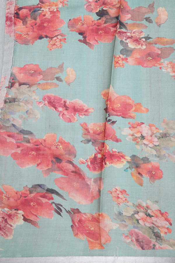 Tussar Silk Saree In Dusty Green With Floral Design