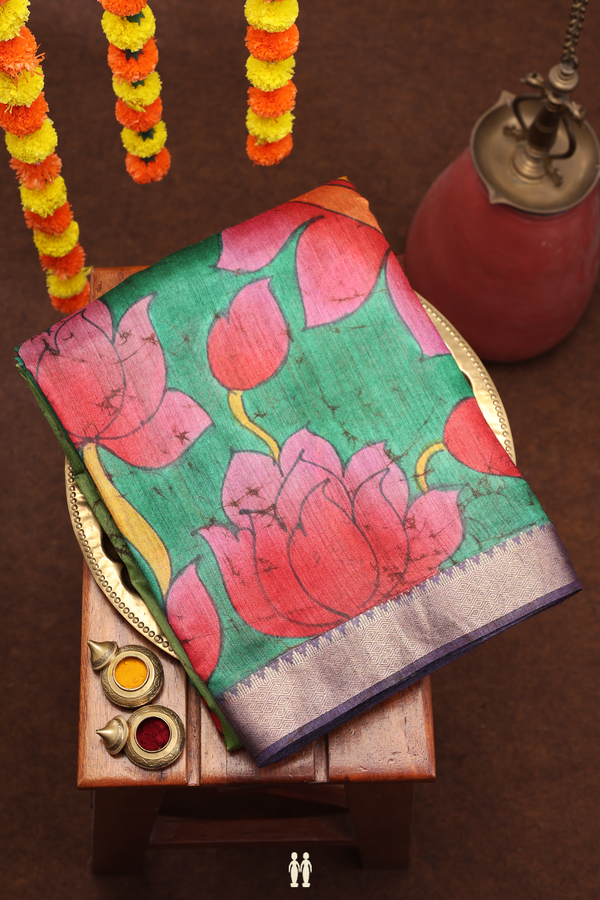 Tussar Silk Saree In Green With Printed Design