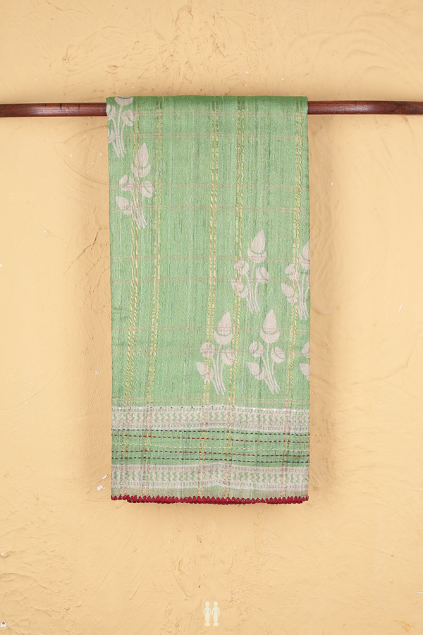 Tussar Silk Saree In Green With Checks Design