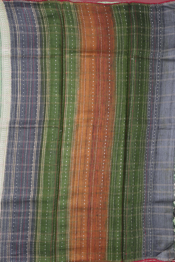 Tussar Silk Saree In Green With Checks Design