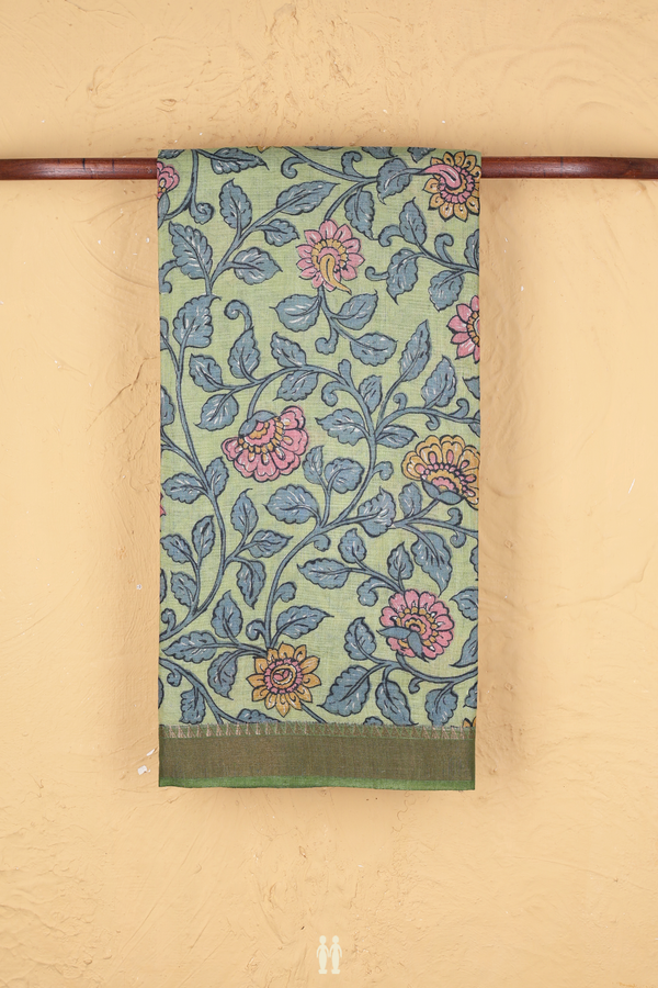 Tussar Silk Saree In Green With Floral Design