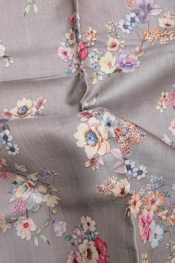 Tussar Silk Saree In Grey With Floral Printed Design