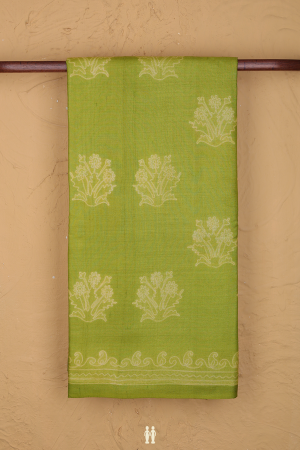 Tussar Silk Saree In Lime Green With Shibori Design