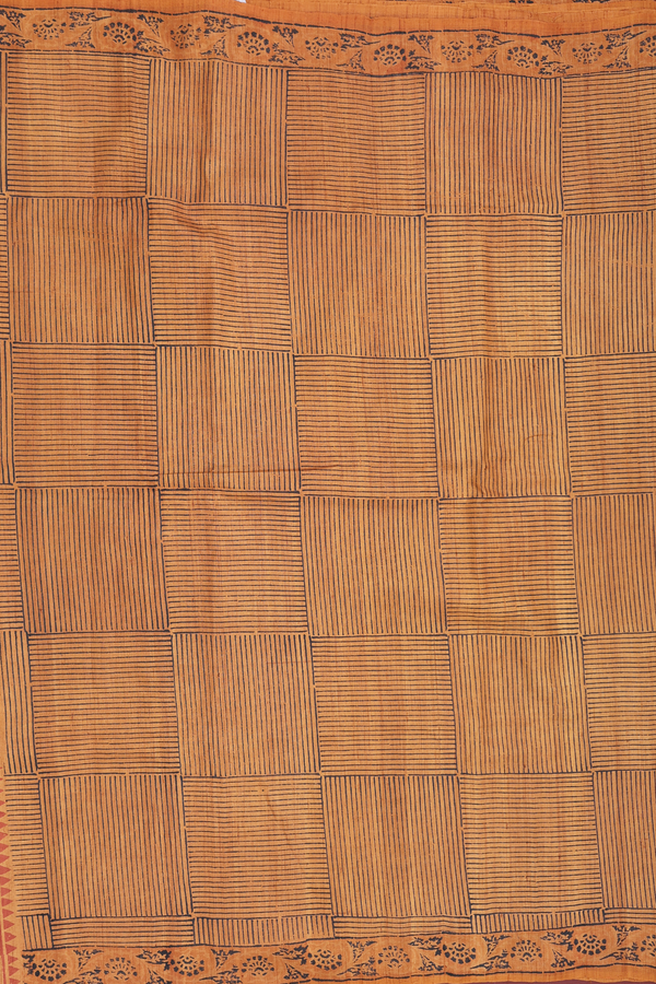 Tussar Silk Saree In Ochre Orange With Checks Design