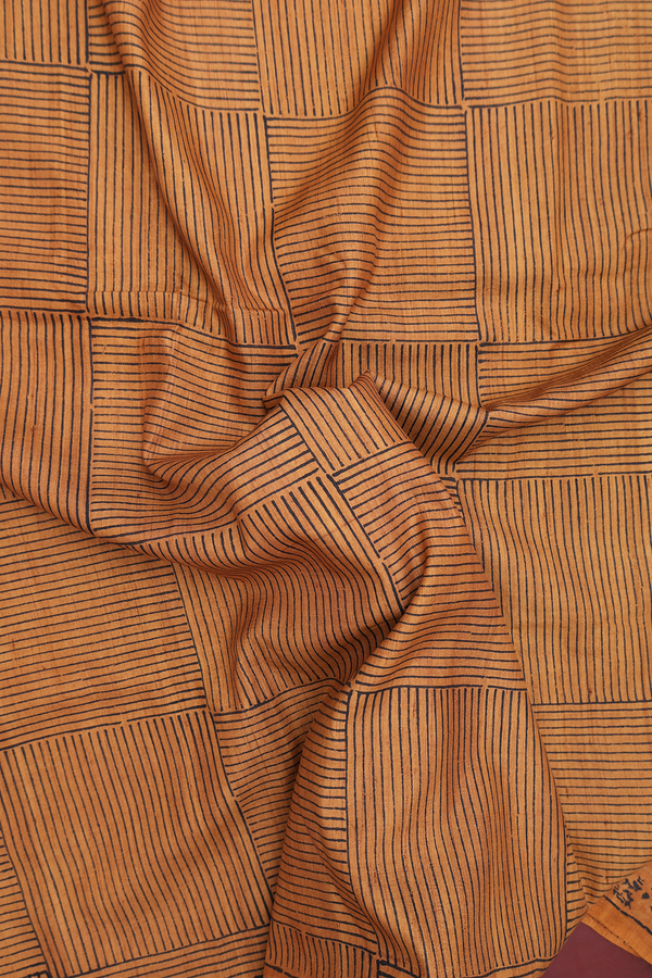 Tussar Silk Saree In Ochre Orange With Checks Design