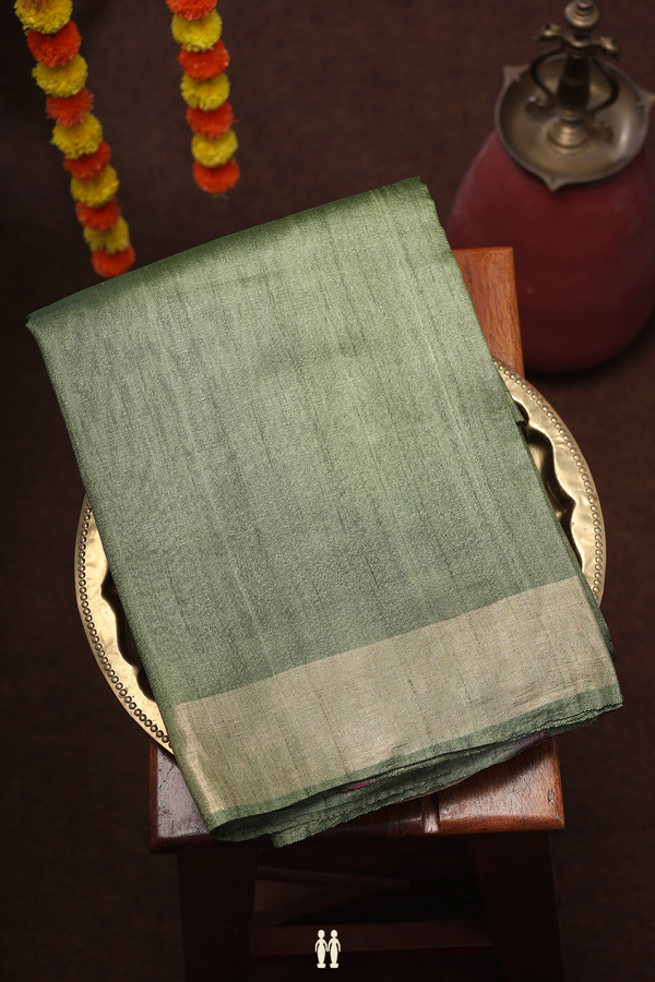 Tussar Silk Saree In Olive Green With Zari Border